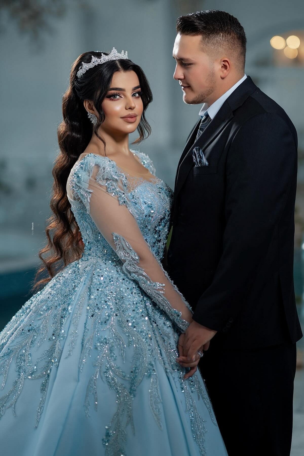 Blue Square Long Illusion Sleeves Beaded Sequined Ball Gown Long Satin Bridal Gown With Appliques