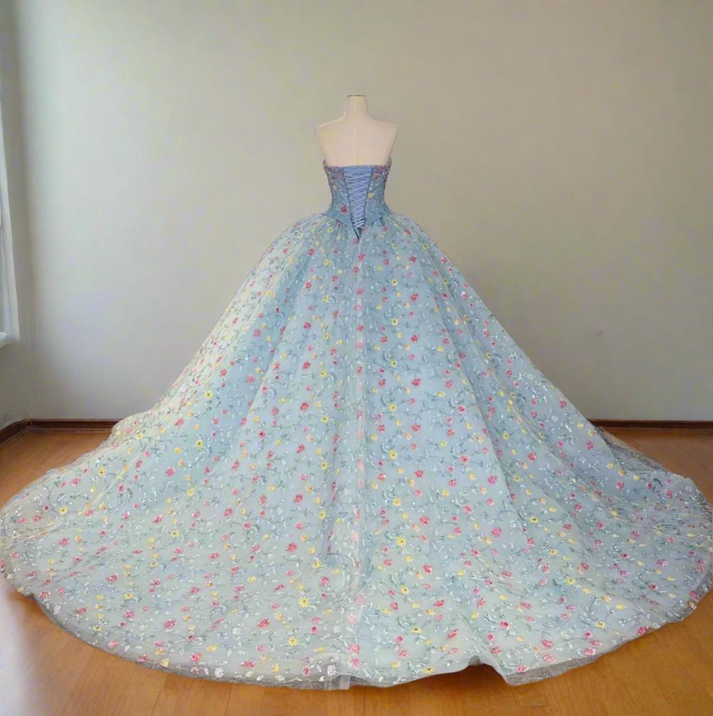 Blue Strapless Quinceanera Dress Corset Ball Gown Sweet 16 Dress with Flowers