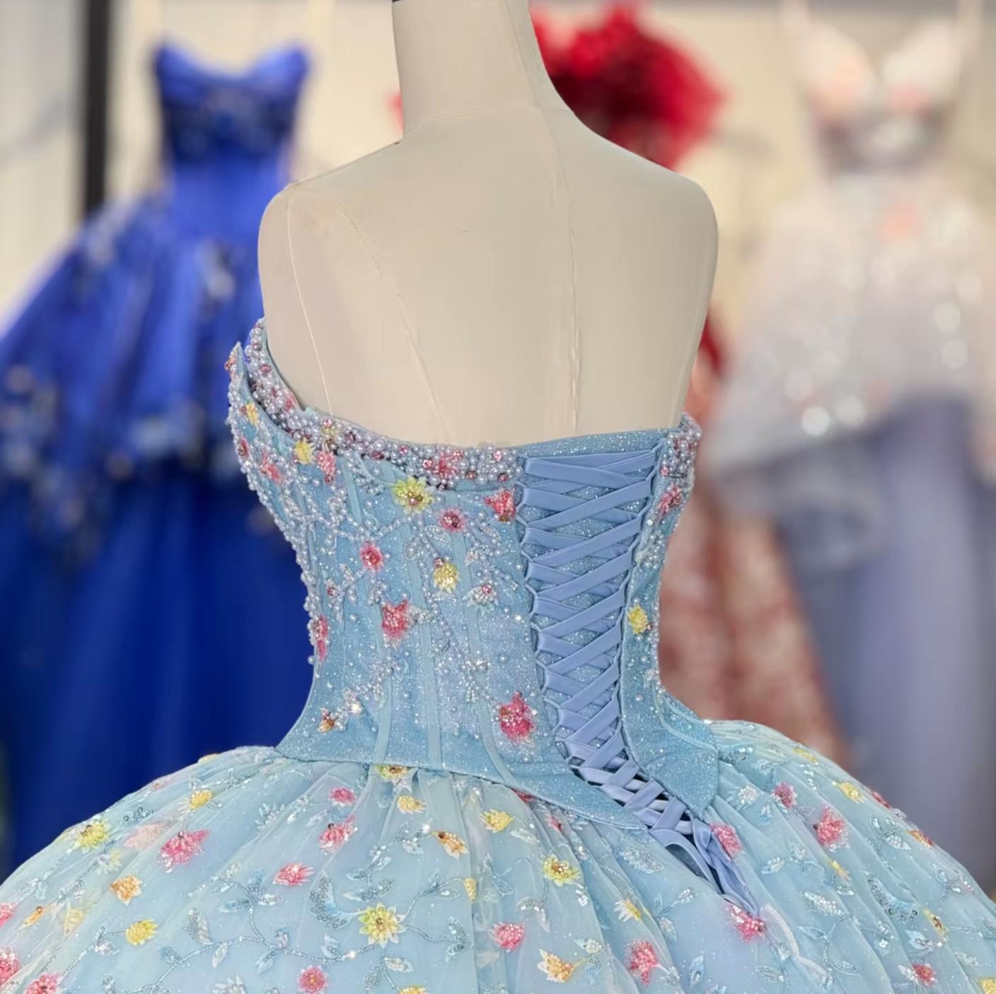 Blue Strapless Quinceanera Dress Corset Ball Gown Sweet 16 Dress with Flowers