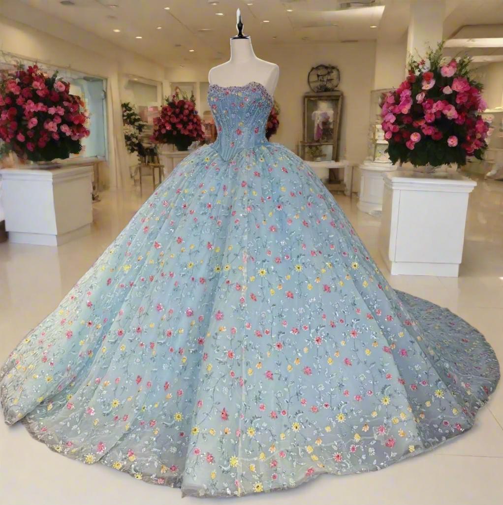 Blue Strapless Quinceanera Dress Corset Ball Gown Sweet 16 Dress with Flowers