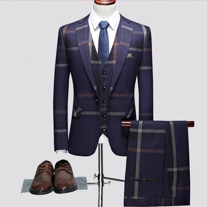 Blue Three Piece Notched Lapel Business Suit for Men
