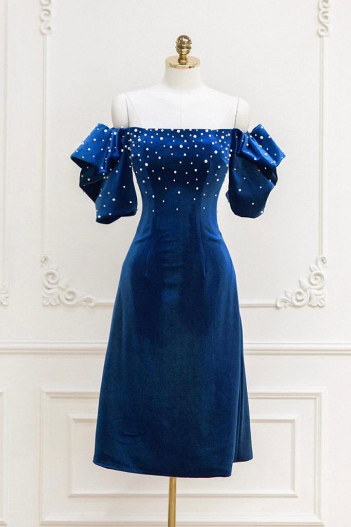 Blue Velvet Formal Dress Mother Of the Bride Dress Beaded Short Cocktail Dress