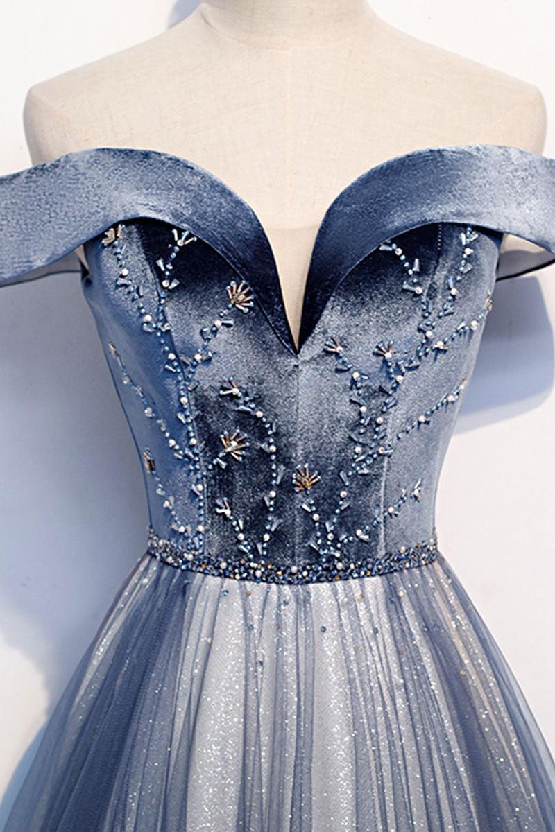 Blue Velvet Formal Dress Off the Shoulder Tulle Long Evening Dress
