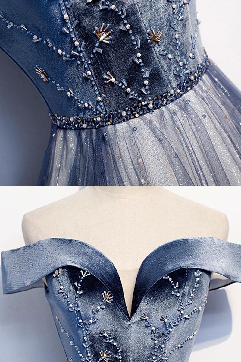 Blue Velvet Formal Dress Off the Shoulder Tulle Long Evening Dress
