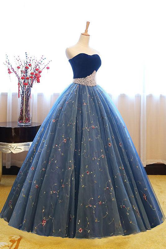 Blue Velvet Formal Dress Sweetheart Neck Tulle Long Prom Gown Sweet 16 Dress Evening Dress