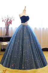 Blue Velvet Formal Dress Sweetheart Neck Tulle Long Prom Gown Sweet 16 Dress Evening Dress