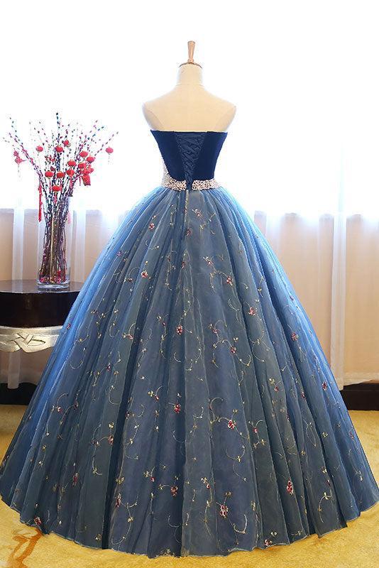 Blue Velvet Formal Dress Sweetheart Neck Tulle Long Prom Gown Sweet 16 Dress Evening Dress