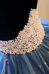 Blue Velvet Formal Dress Sweetheart Neck Tulle Long Prom Gown Sweet 16 Dress Evening Dress