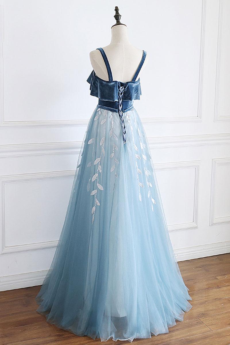 Blue Velvet Formal Dress Tulle Lace Long Evening Dress