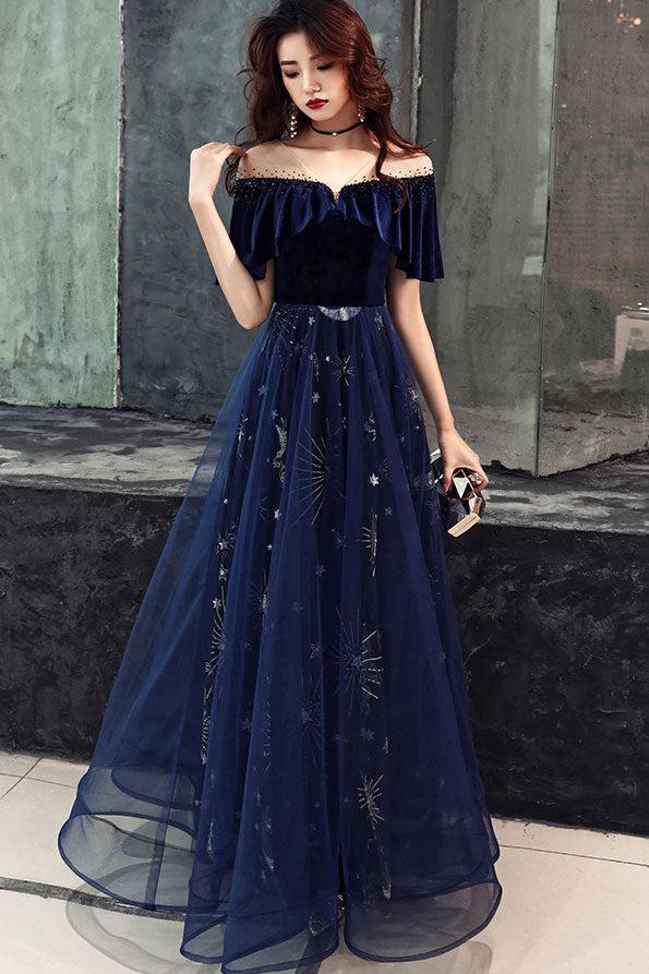 Blue Velvet Formal Dress Tulle Lace Long Evening Dress