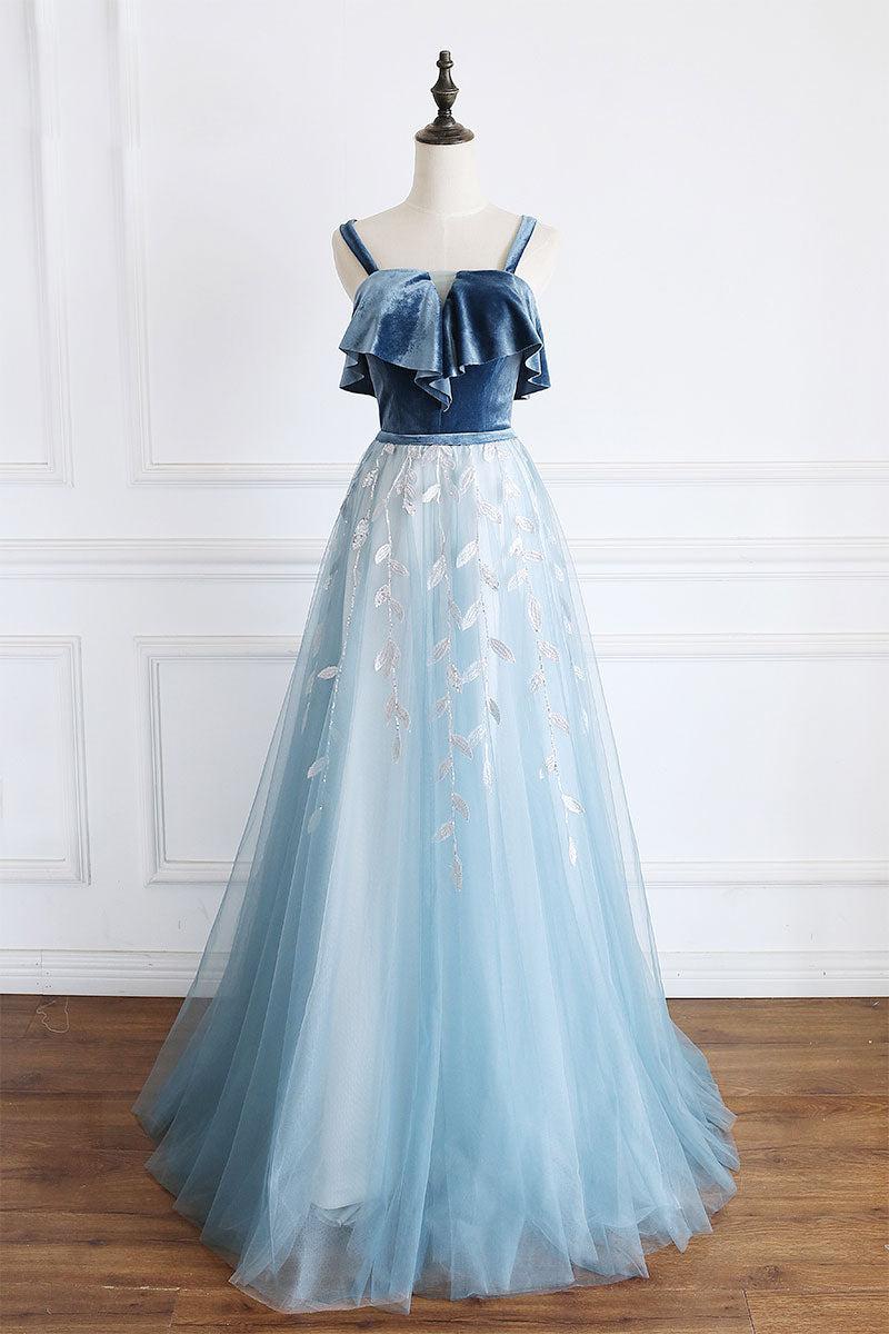 Blue Velvet Formal Dress Tulle Lace Long Evening Dress