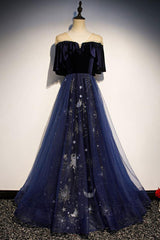 Blue Velvet Formal Dress Tulle Lace Long Evening Dress