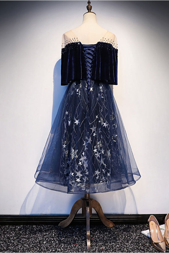 Blue Velvet Formal Dress Tulle Lace Short Evening Dress