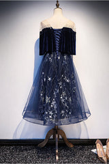 Blue Velvet Formal Dress Tulle Lace Short Evening Dress