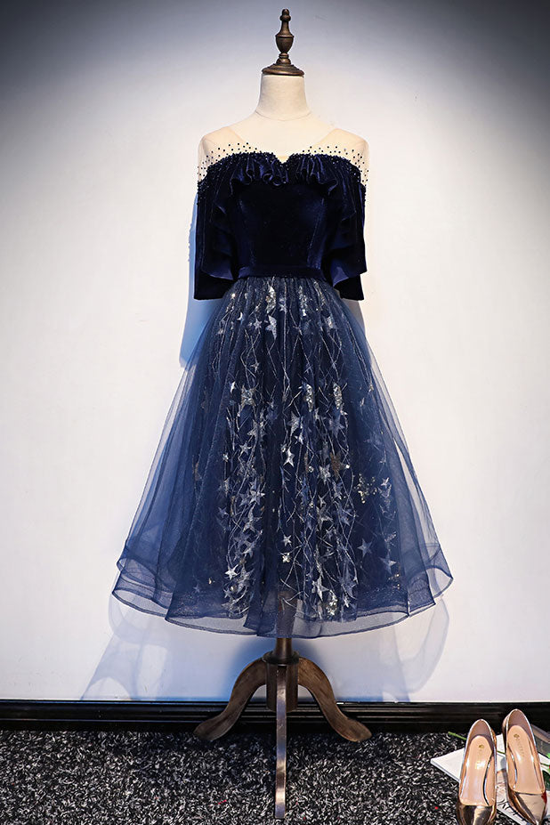 Blue Velvet Formal Dress Tulle Lace Short Evening Dress