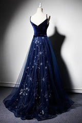 Blue Velvet Formal Dress V Neck Tulle Long Evening Dress