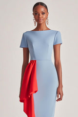 Blue Wedding Guest Dress Sheath Satin Tea Length Formal Dress With Short Sleeves