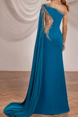 Blue Long Sleeve Mermaid Prom Dress Crew Neck Formal Dress