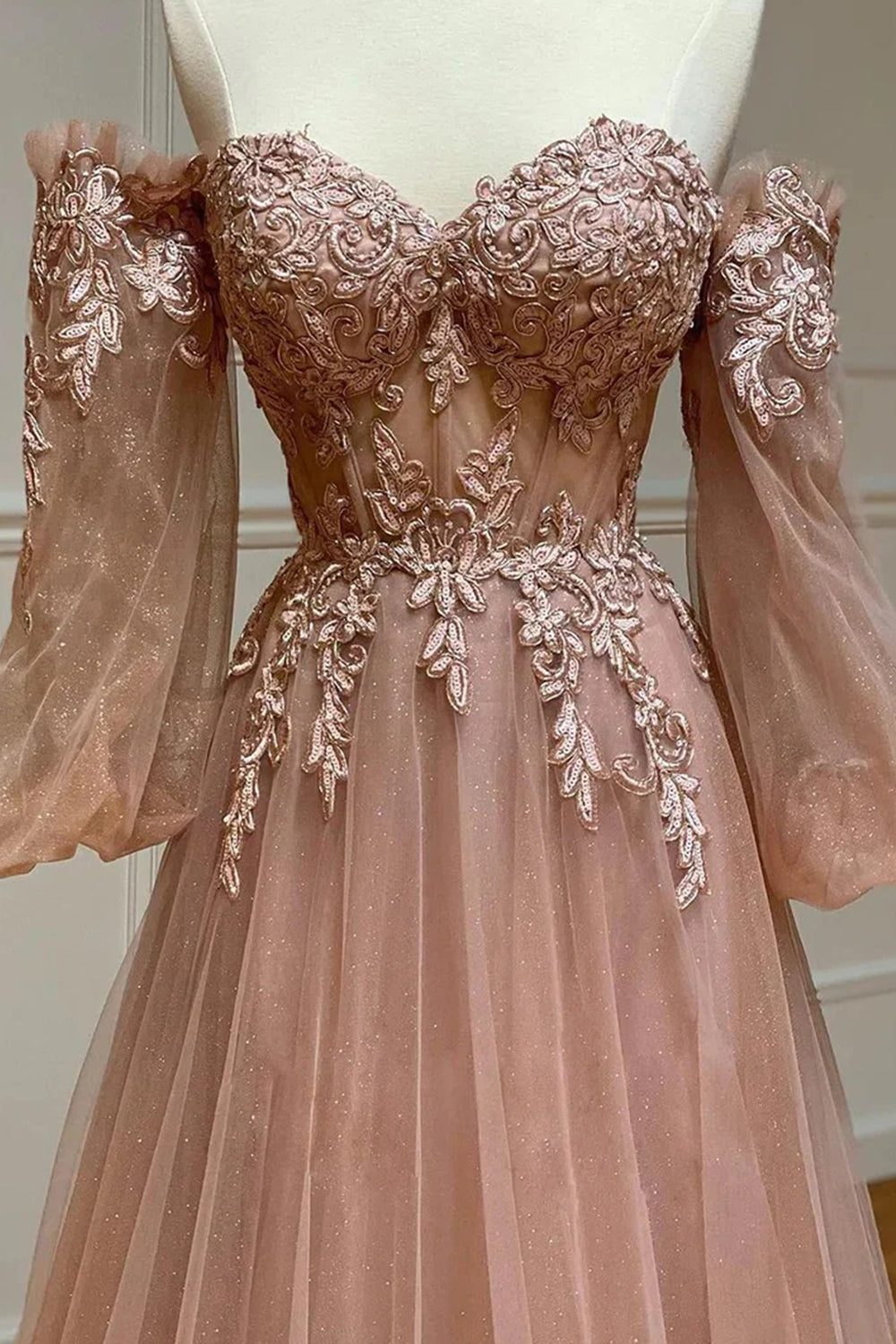 Blush Corset Prom Dress Off the Shoulder Long Evening Dress with Appliques