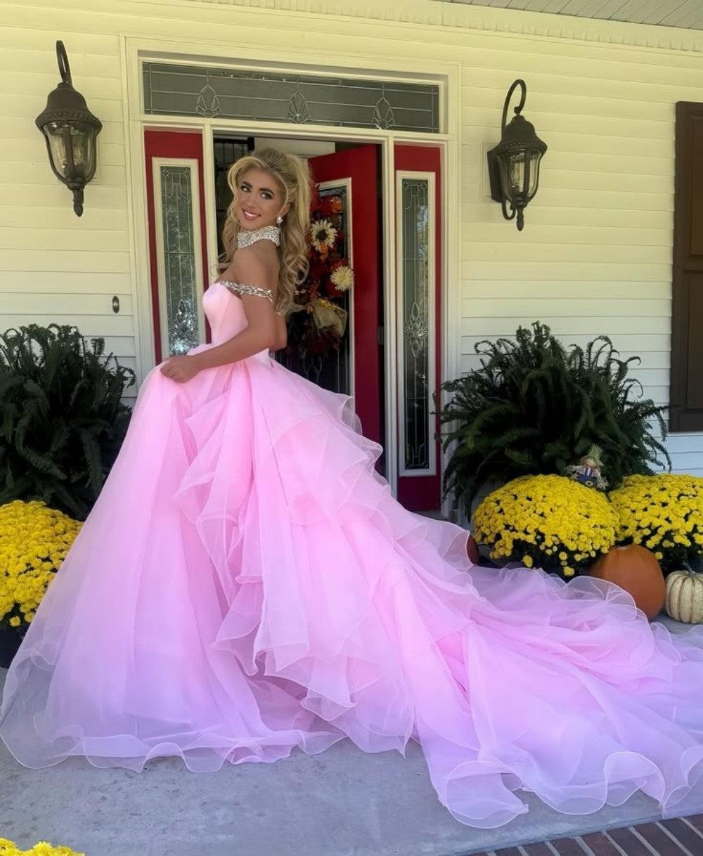 Dressystars Blush Pink Off-The-Shoulder Ball Gown With Crystal Embellishments Formal Evening Gown