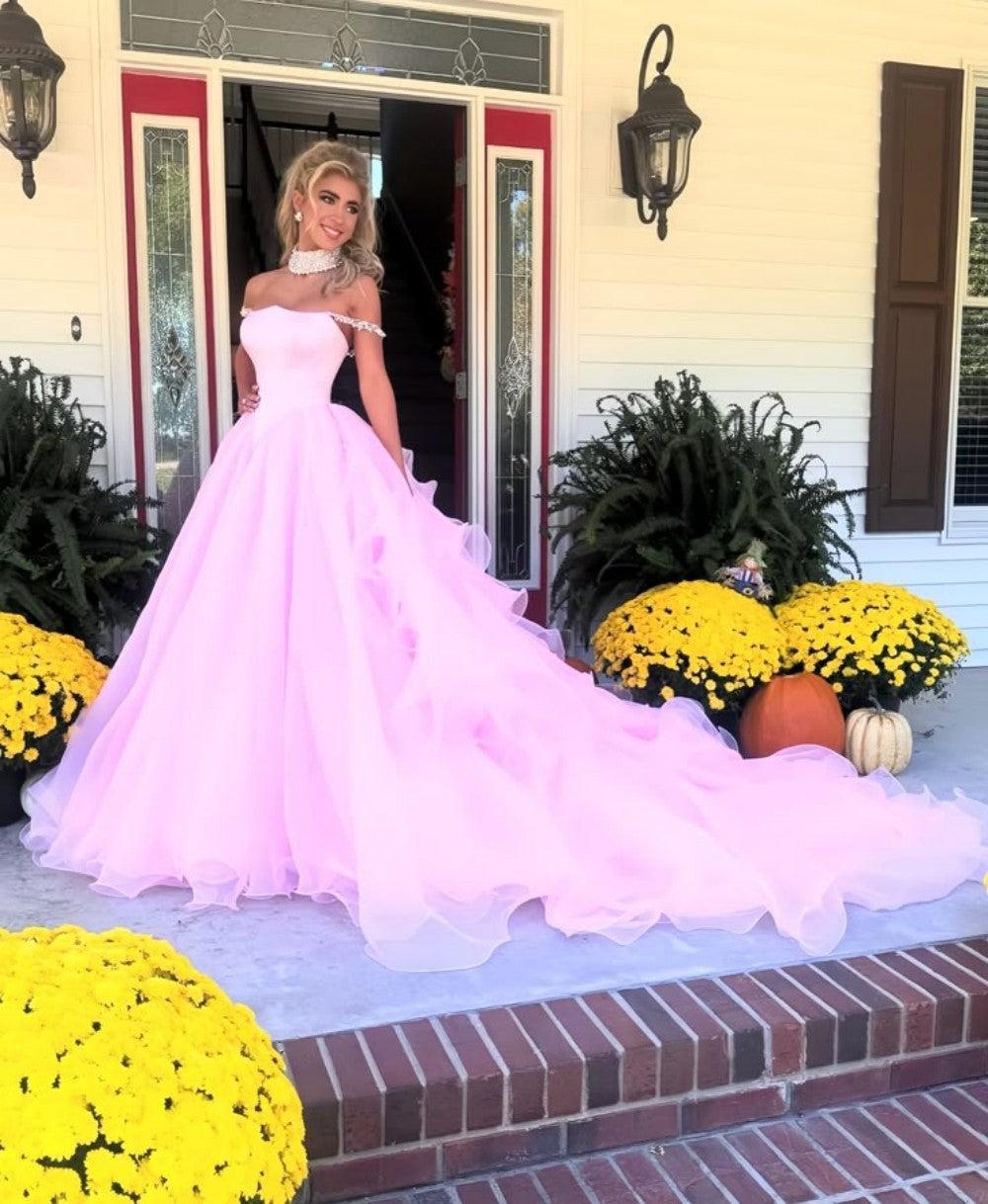 Dressystars Blush Pink Off-The-Shoulder Ball Gown With Crystal Embellishments Formal Evening Gown