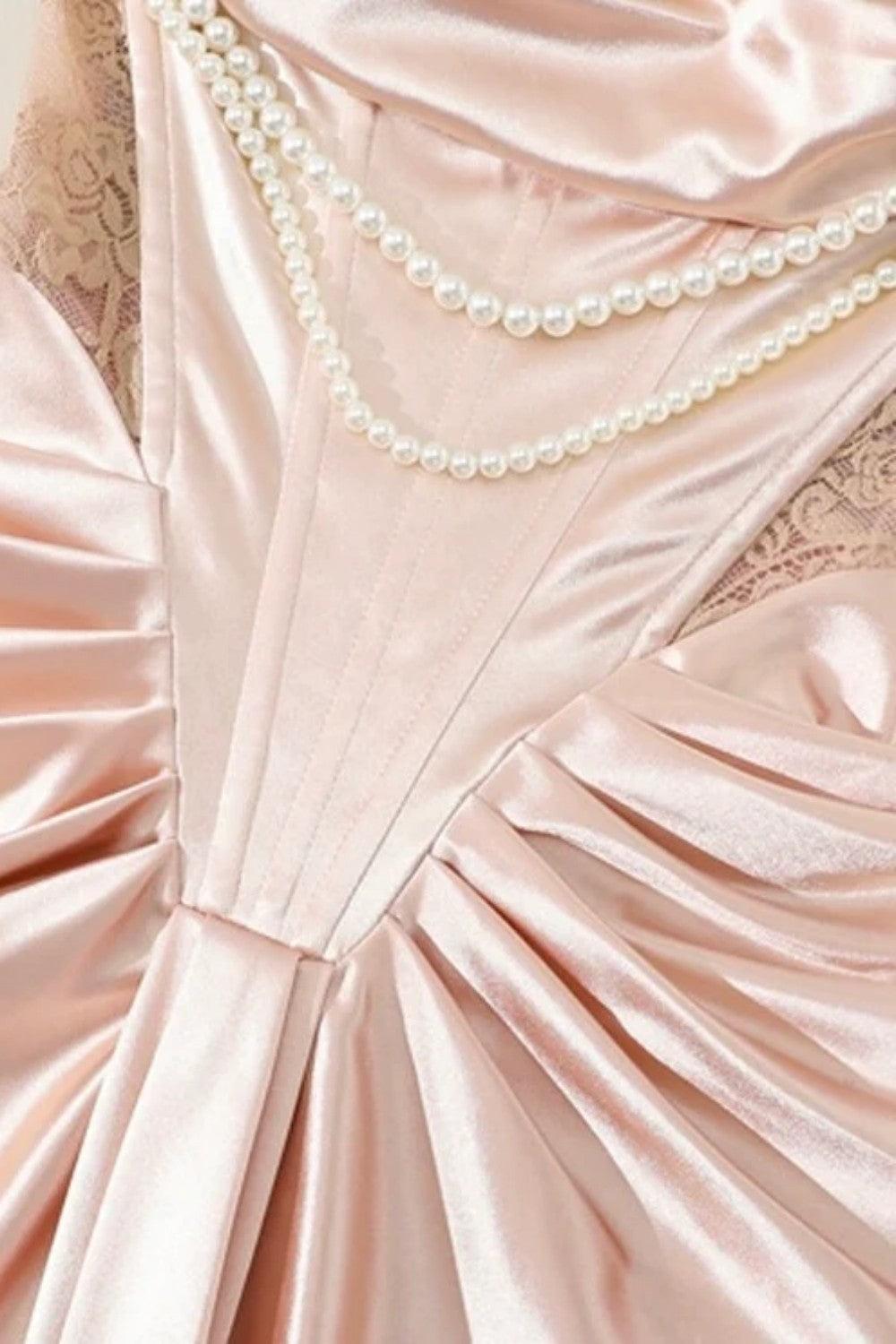 Dressystars Blush Pink Off-The-Shoulder Satin Corset Prom Dress With Pearl Draping Formal Evening Gown