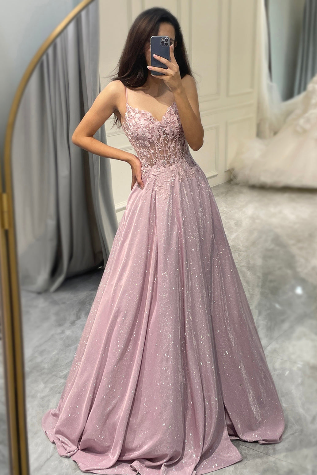 Blush Prom Dress A Line Appliqued Long Corset Evening Dress
