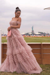 Blush Prom Dress A Line Off the Shoulder Ruffled Tulle Evening Dress