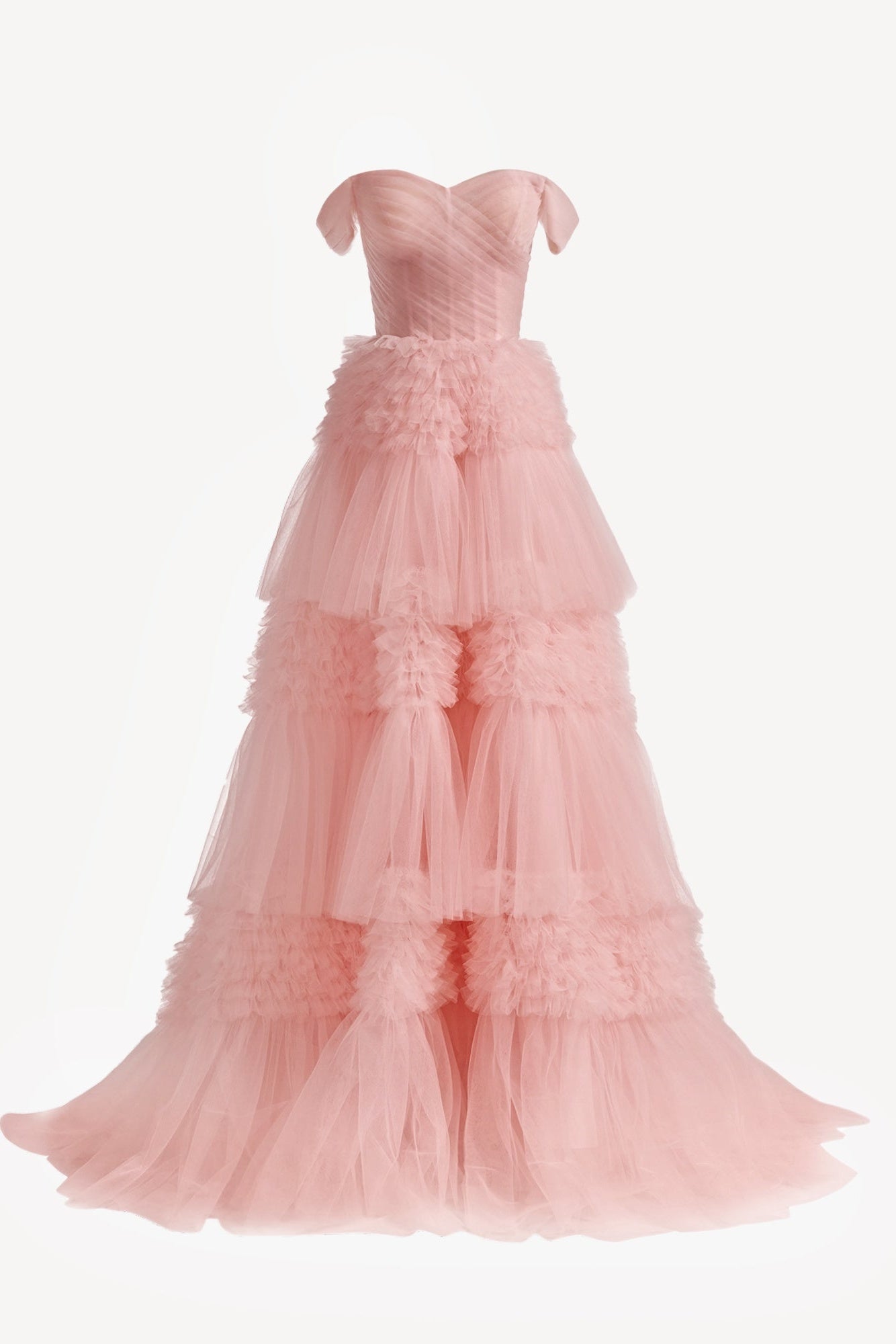 Blush Prom Dress A Line Off the Shoulder Ruffled Tulle Evening Dress