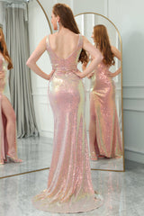 Blush Prom Dress Mermaid V Neck Long Evening Dress With Slit
