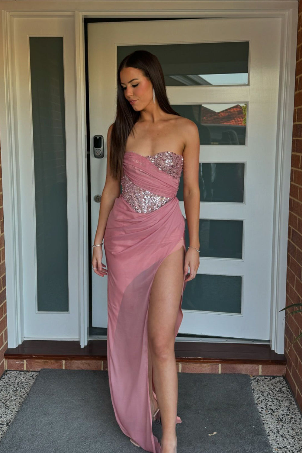 Blush Prom Dress Sweetheart Long Evening Dress with Slit