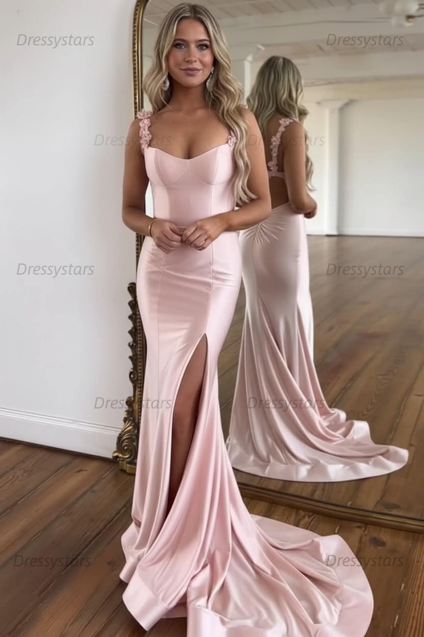 Red Prom Dress Spaghetti Straps Mermaid Satin Long Evening Dress with Slit