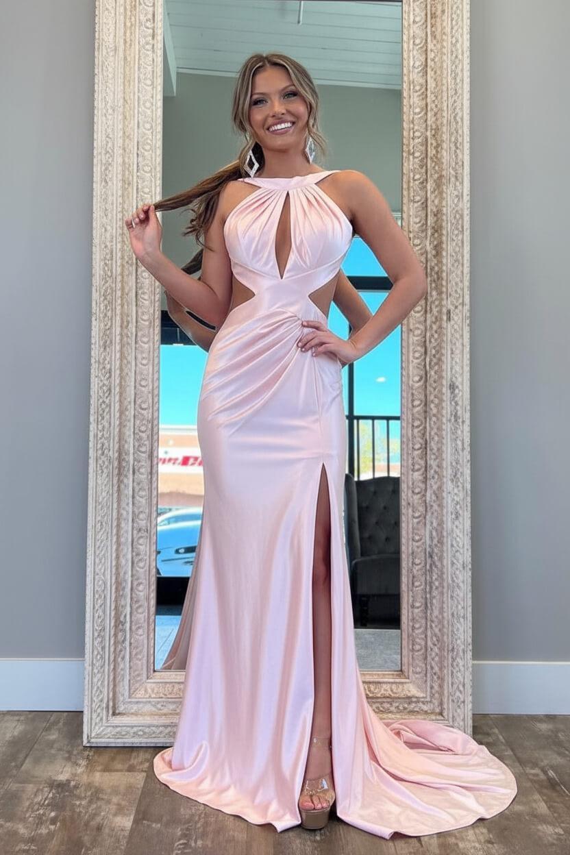 Fuchsia Metallic Mermaid Prom Dress With Slit And Open Back Formal Evening Gown