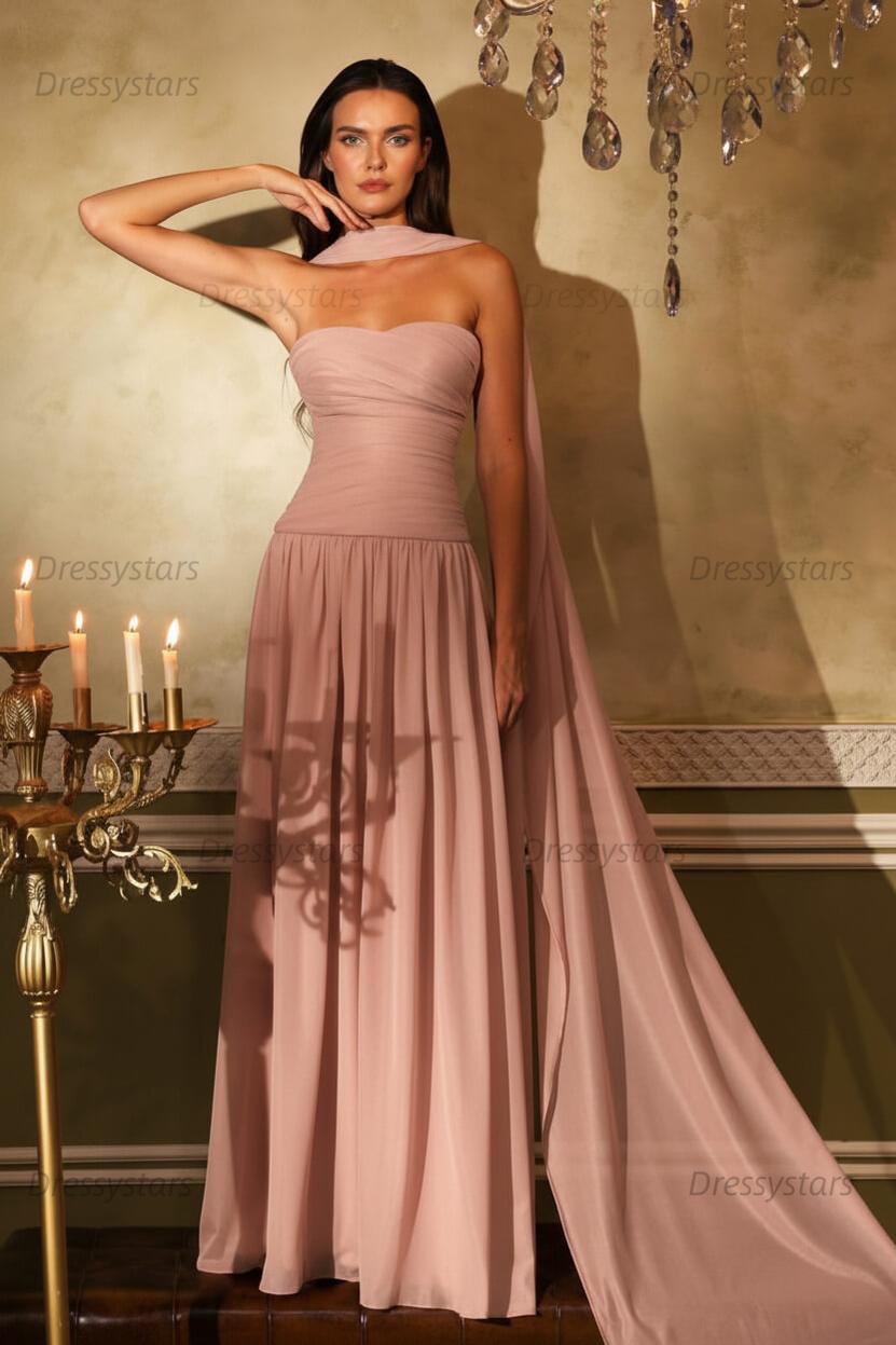Orange A Line Prom Dress Sleeveless Strapless Formal Dress