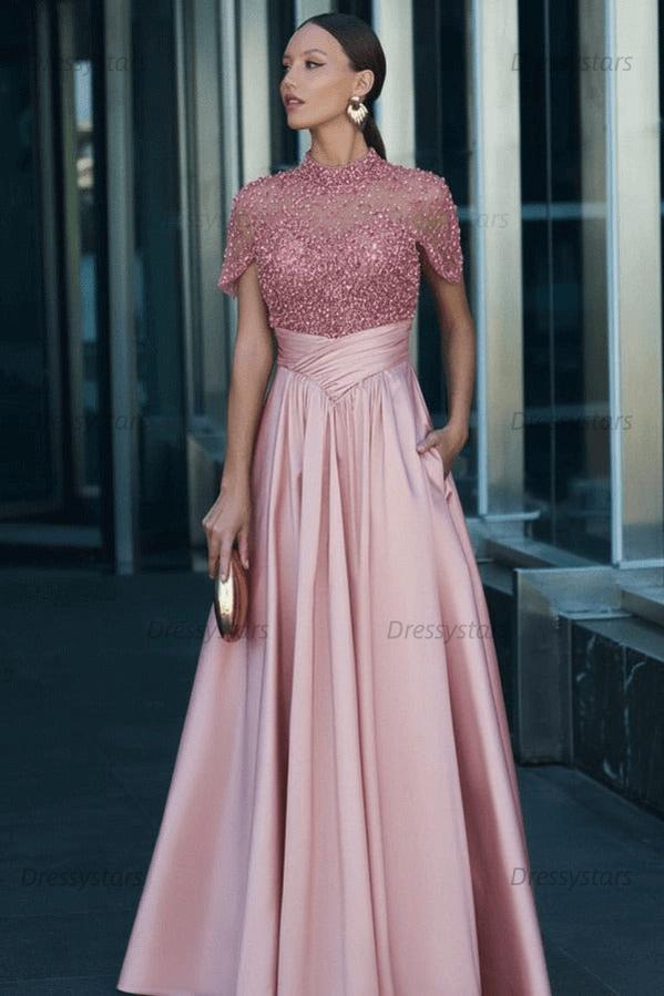 Green A Line Prom Dress Short Sleeve High Neck Formal Dress With Beadings and Rhinestones