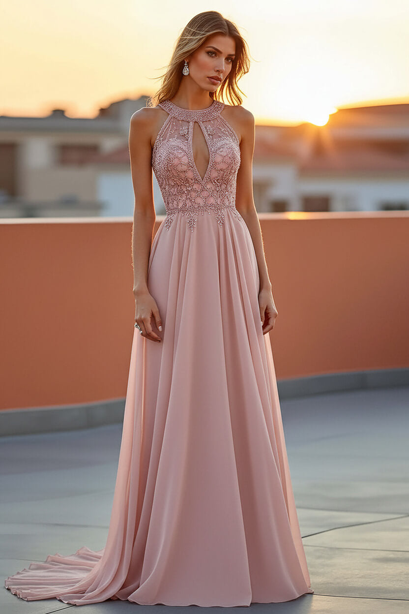 Dressystars Beaded Navy Wedding Guest Dress Halter Long Formal Dress With Embroideries