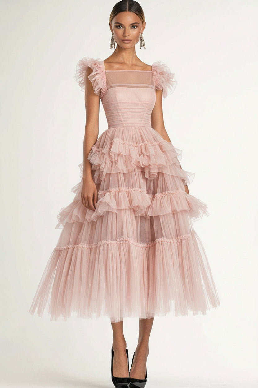 Dressystars Tea Length Black Wedding Guest Dress A-Line Flatter Sleeves Tulle Formal Dress With Ruffles