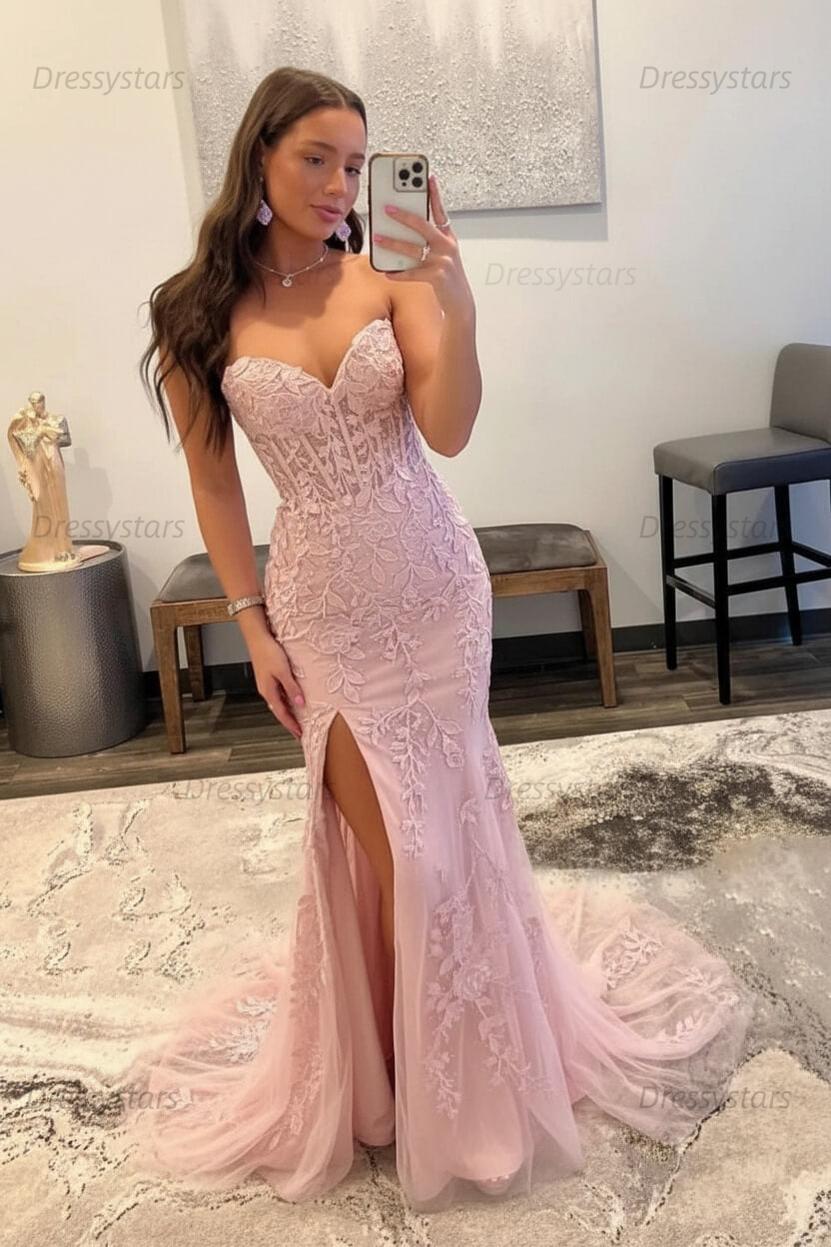 Black Prom Dress Corset Sweetheart Long Lace Mermaid Evening Dress with Slit