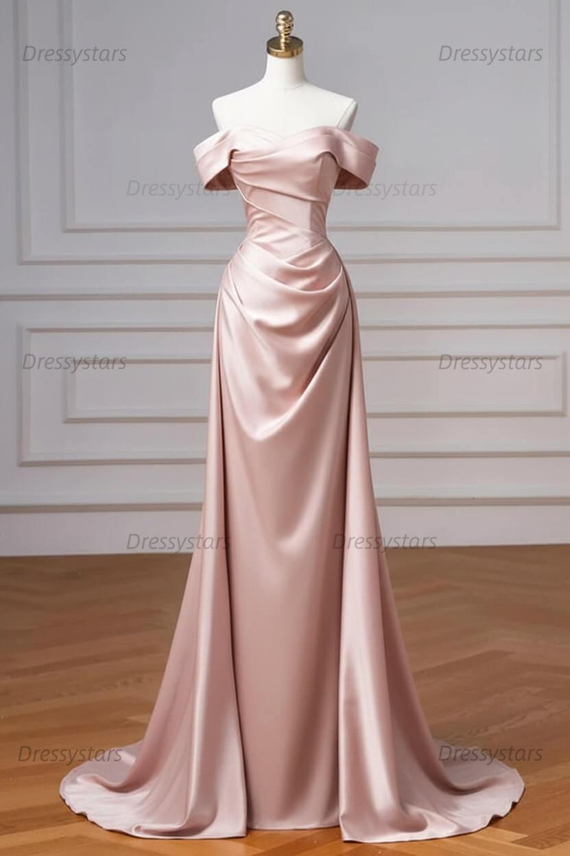 Navy Prom Dress Blue Off The Shoulder Formal Dress with Detachable Train