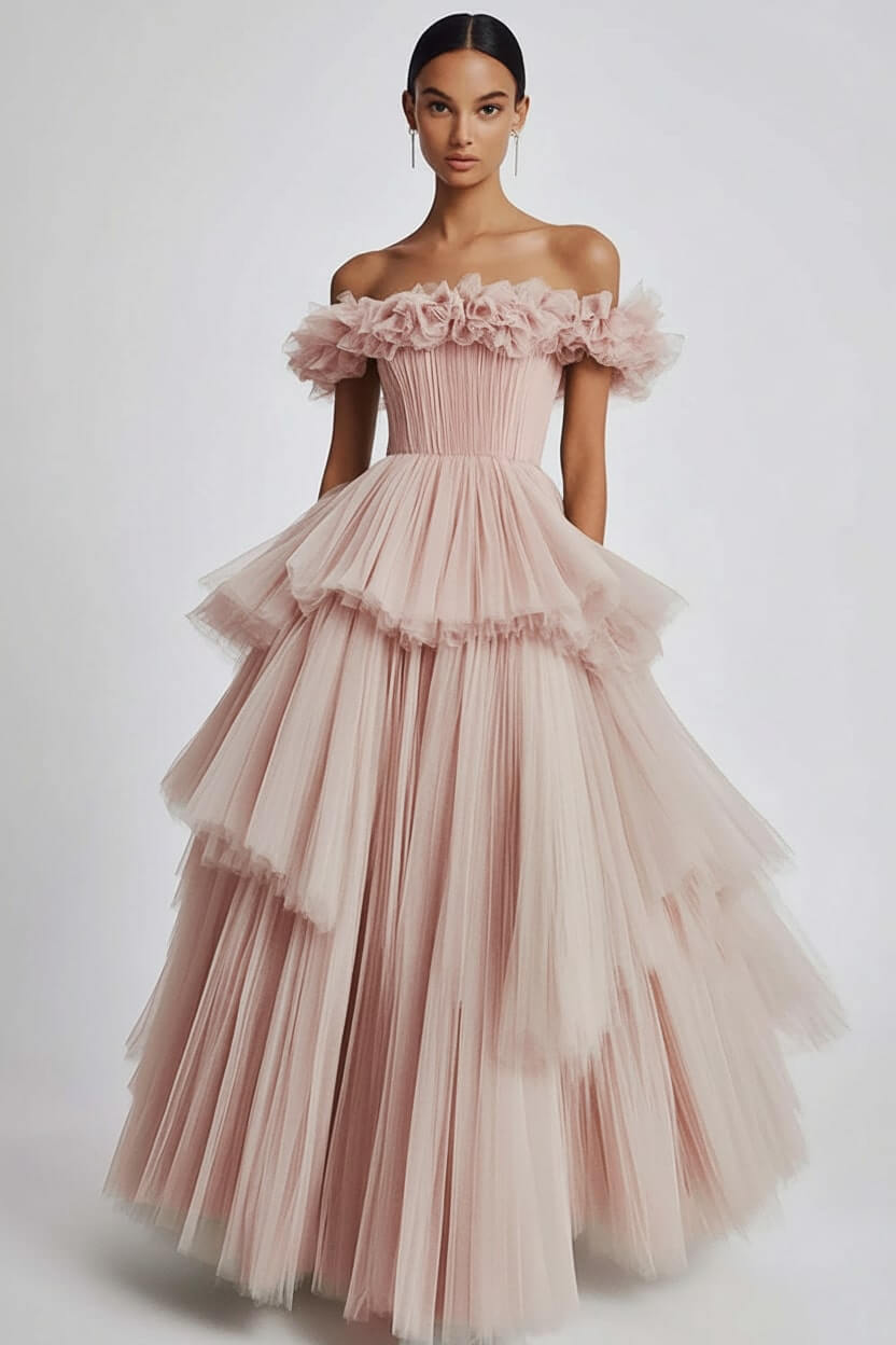 Dusty Sage Formal Dress Tulle Off The Shoulder Ball Gown Wedding Guest Dress With Ruffles