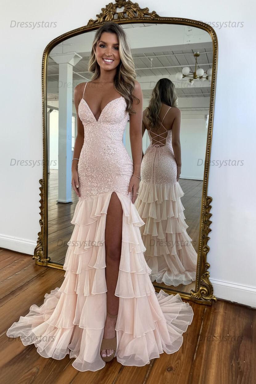 Dressystars Yellow Mermaid Spaghetti Straps Lace Up Long Prom Dress With Ruffle Skirt Formal Evening Gown