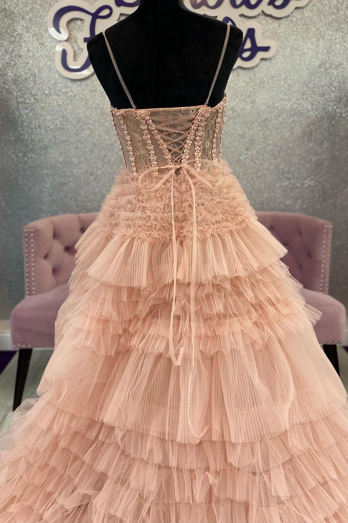 Blushing Pink Prom Dress Tulle Ruffle Layers Lace Up Back A Line Evening Dress