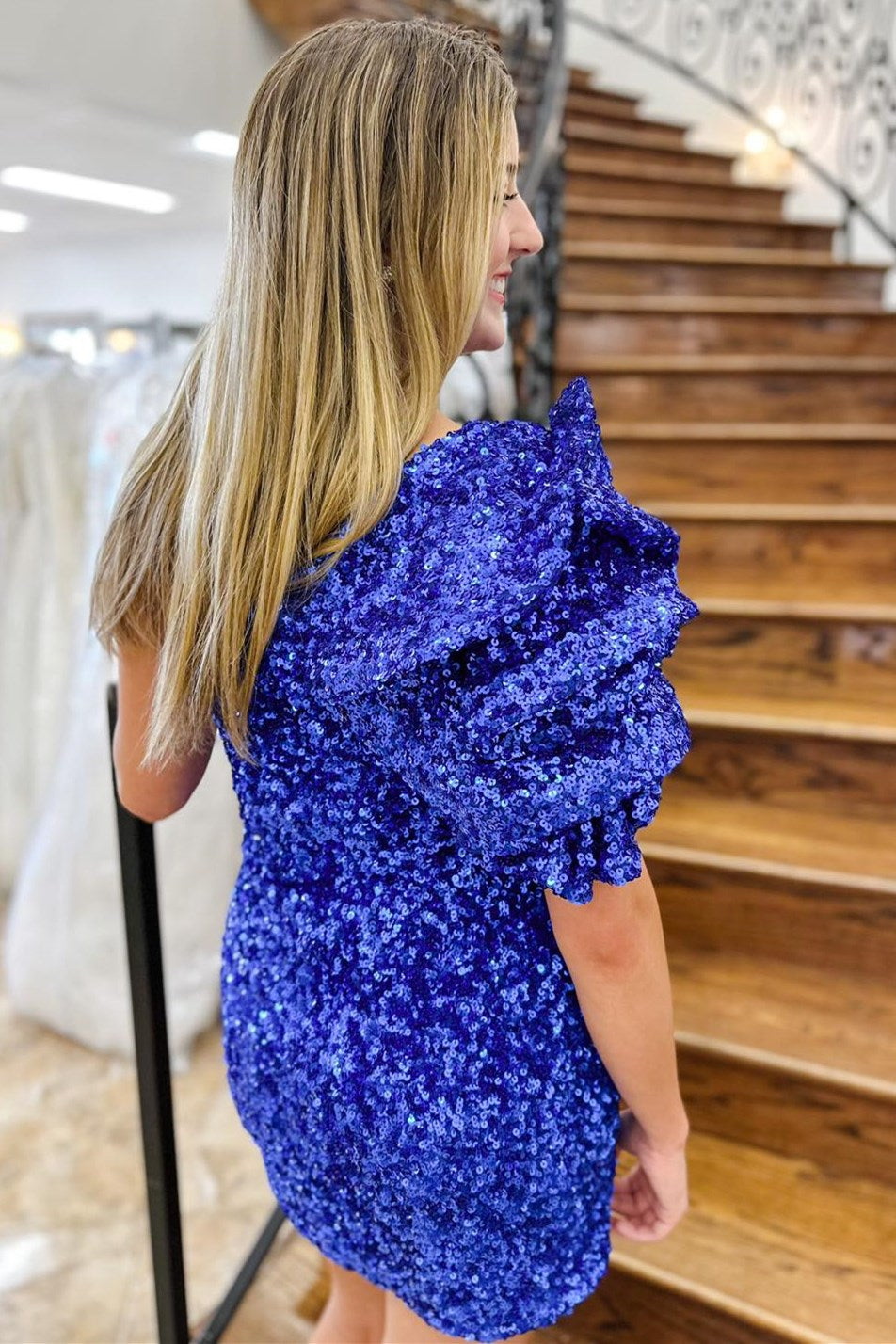 Bodycon Homecoming Dress Royal Blue Sequin Style One Shoulder Short Party Cocktail Dress