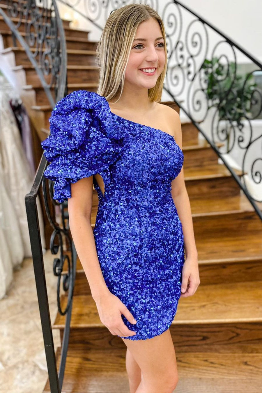 Bodycon Homecoming Dress Royal Blue Sequin Style One Shoulder Short Party Cocktail Dress