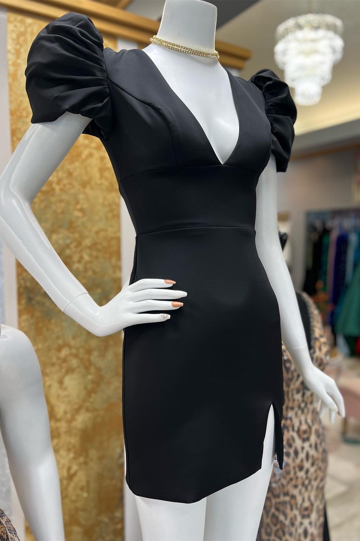 Bodycon Homecoming Dress Style With Cute Puff Sleeves Cobalt Blue Plunge Short Party Cocktail Dress