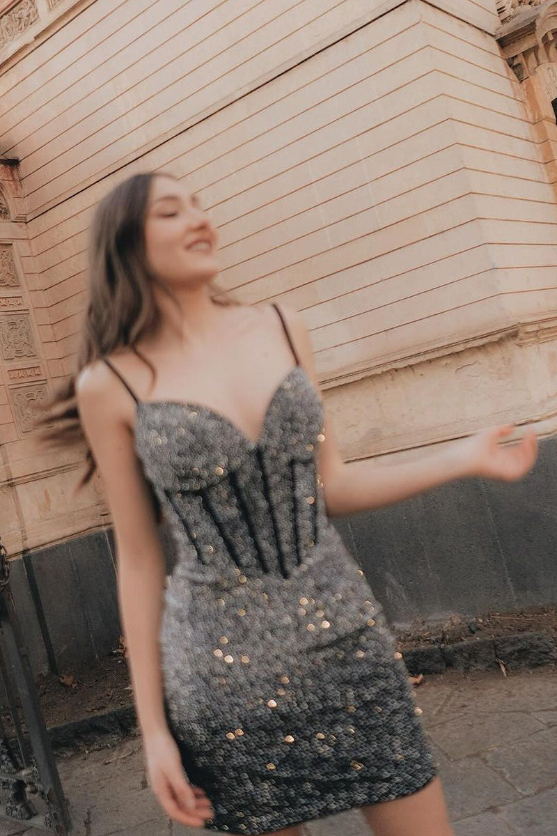 Bodycon Homecoming Dress V neck Elastic Satin with Beading Short Party Cocktail Dress