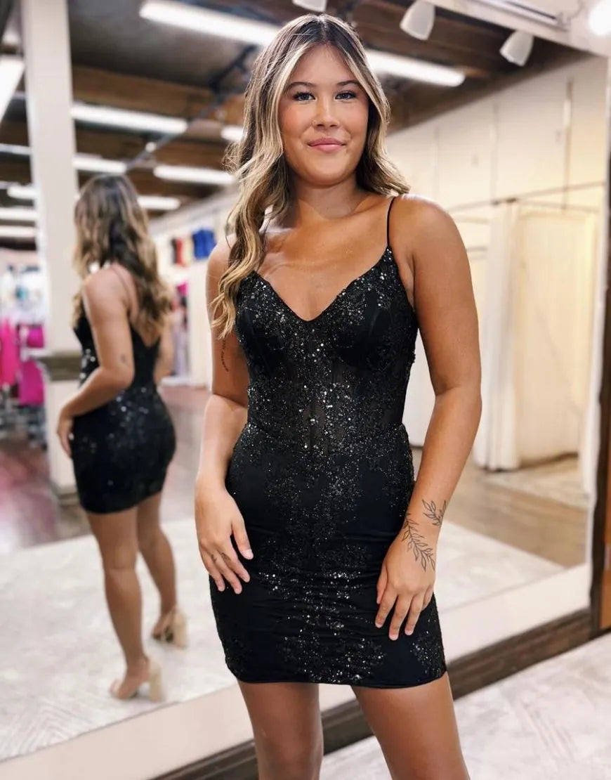 Bodycon Homecoming Dress V neck Shoulder straps Bodice Mini Short Party Cocktail Dress