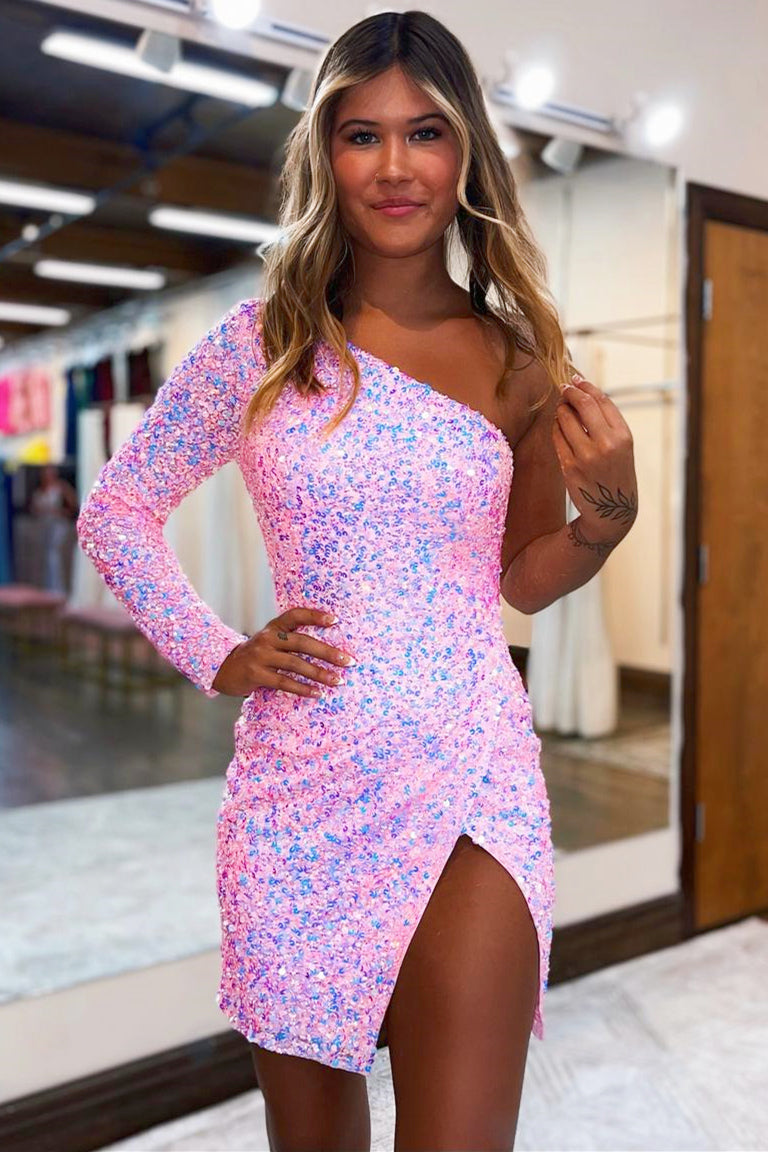 Bodycon Homecoming Dress one shoulder Style with Slit Short Party Cocktail Dress