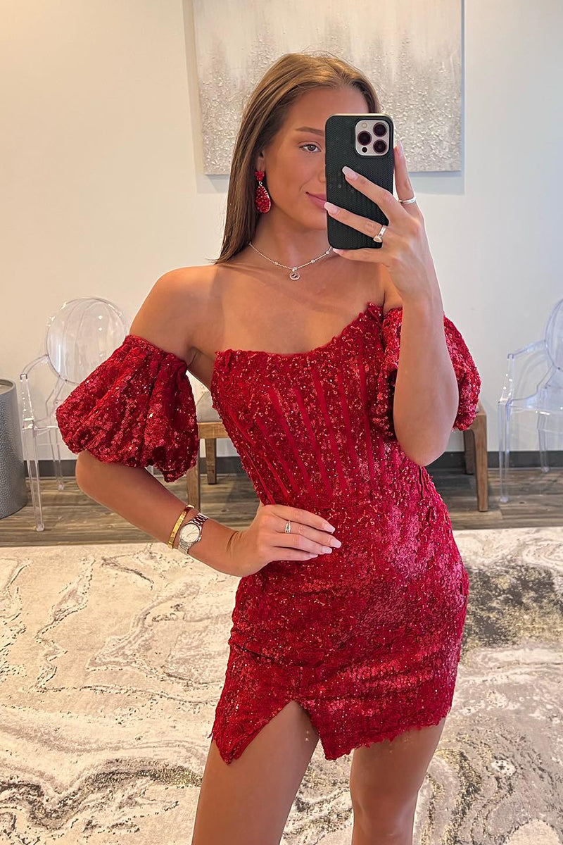 Bodycon/Column Homecoming Dress Sleeves Sequin Burgundy Short Party Cocktail Dress