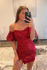 Bodycon/Column Homecoming Dress Sleeves Sequin Burgundy Short Party Cocktail Dress